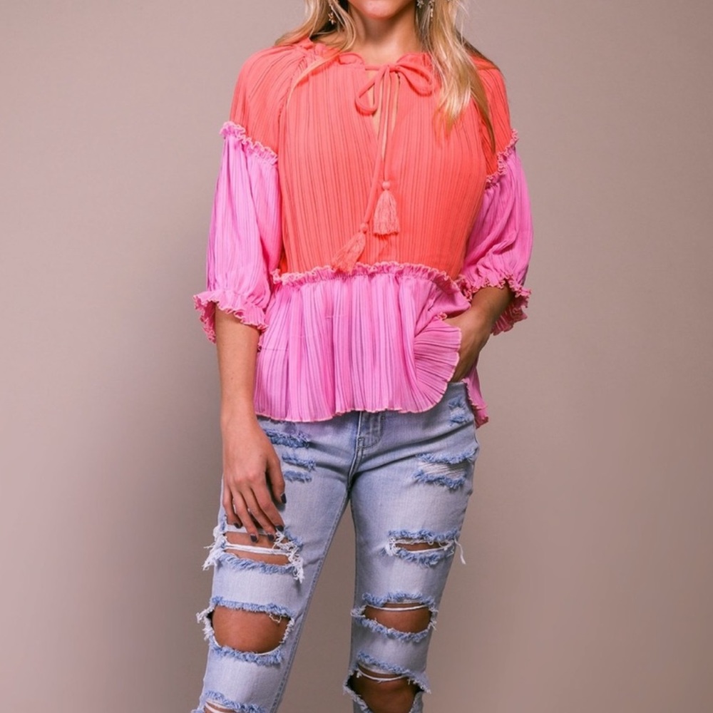 NWT (fanco) coral red & pink pleated fanfare colorblock tassel tie blouse